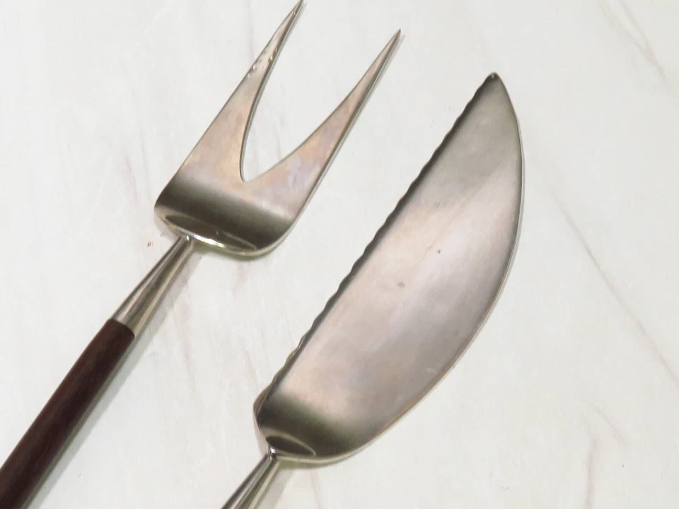 MCM Plata 925 Sterling Mexico Teak Serving Knife Fork Fish Cake Utensils  - Image 3 of 4