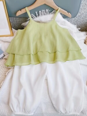 Trendiges grünes Top & weißes Unterteil Mädchen zweiteiliges Outfit Sommer Alter 7/8 Jahre