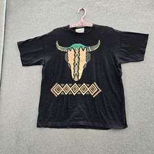 VINTAGE Bull Head Women Shirt M Black Geometric Aztec Western Made In USA 90s