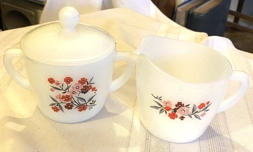 Vintage Fire King Milk Glass Primrose Creamer Sugar Bowl & Lid Set