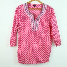Talbots Pink White Block Print Popover Top Embroidered M Cotton Beach Coastal