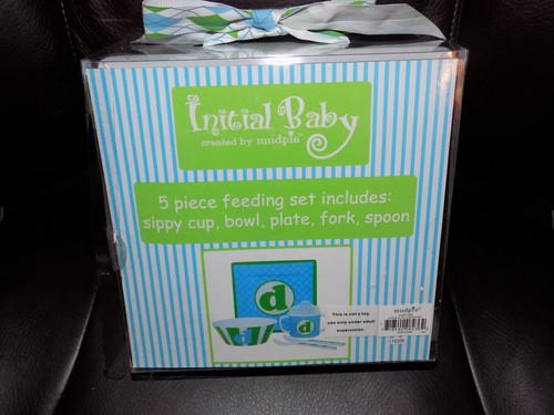 MudPie Initial "d" Feeding Set Blue & Green 5-Pc Sippy Cup Bowl Spoon Fork NEW - Picture 3 of 3