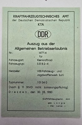 Simson KTA Papiere DDR S51 B2-4 Blanko wahlweise mit Stempel 1477-4