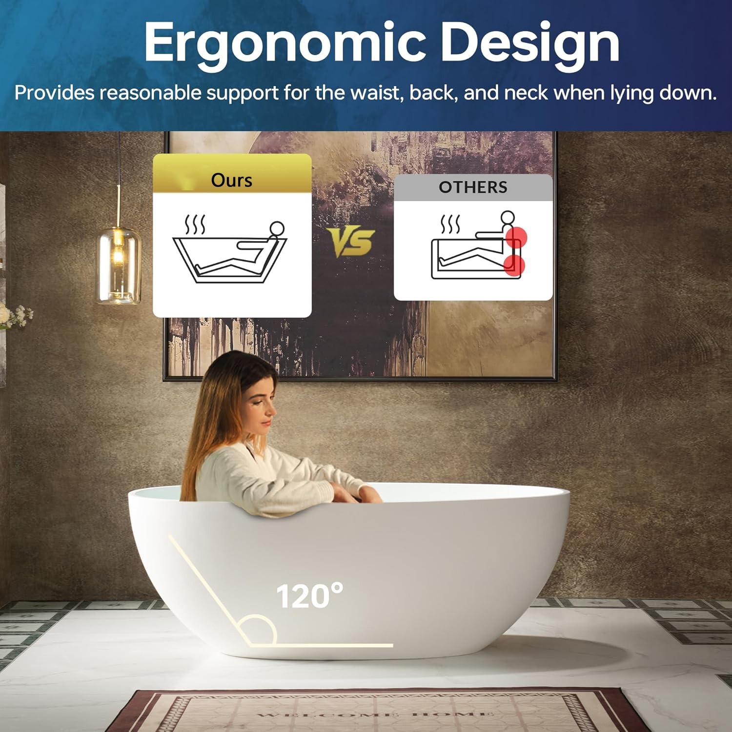 65" Freestanding Solid Surface Bathtub Bath Tubs for Bathroom in Matte White