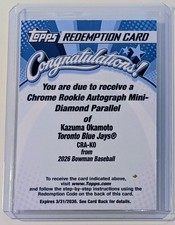 🔥2026 Bowman - Kazuma Okamoto Chrome Rookie Mini-Diamond  Auto Redemption /100