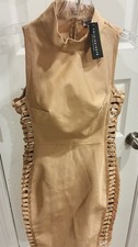 Fashion Nova Nude Bandage Bodycon High Neck Midi Dress Lace-Up Zip Size S 🔥🔥