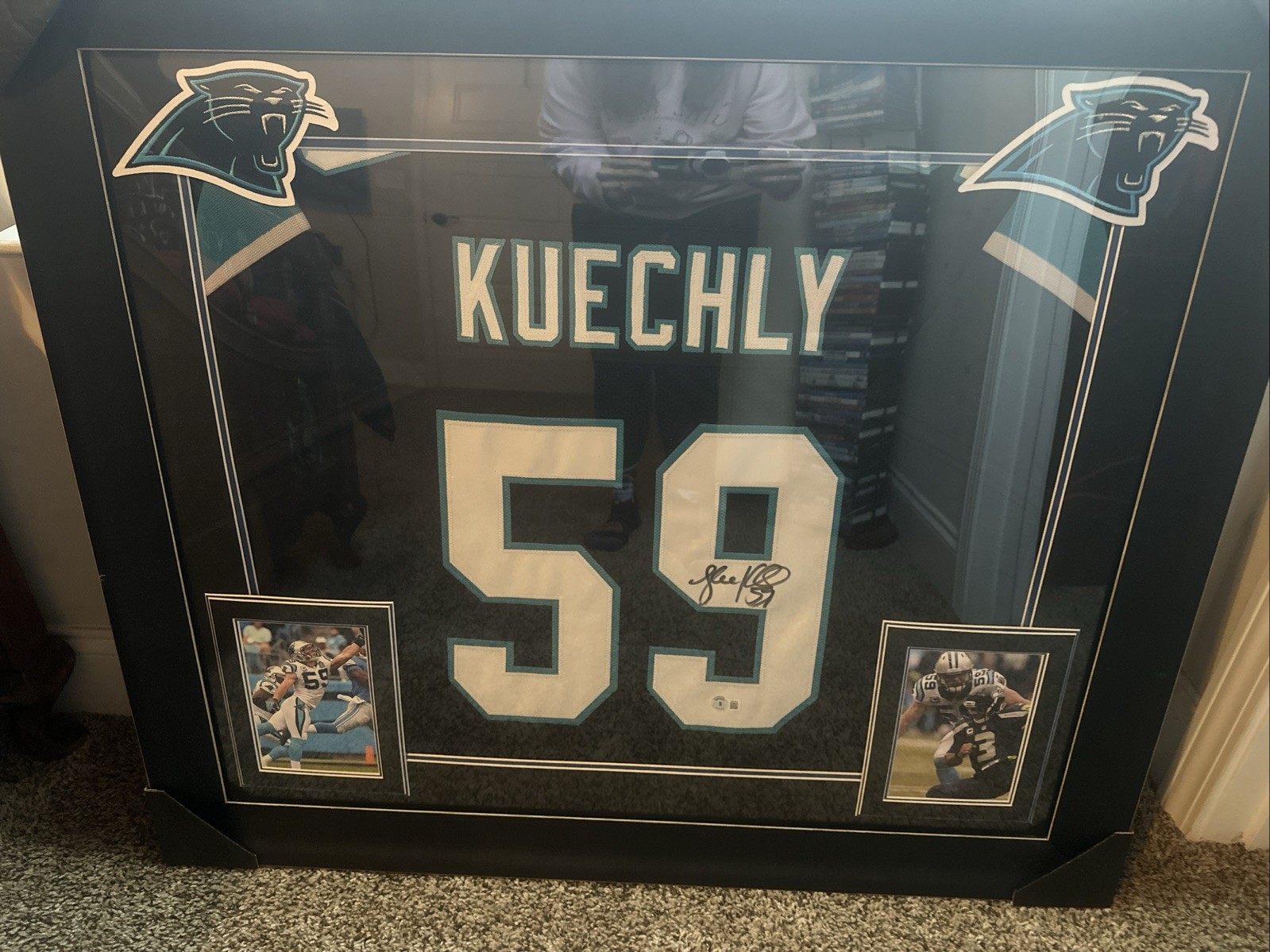 Luke Kuechly Autographed Signed Carolina Panthers & Framed Black Panthers Jersey Auto Beckett COA 