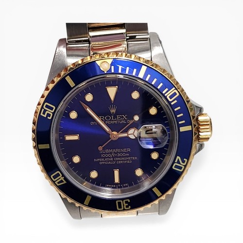 W/Papers 1992 Rolex Submariner 40 mm Blue Dial Steel 18K Yellow Gold Watch 16613