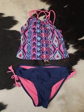 NEW SO GIRLS 10 TANKINI 2 PC BATHING SUIT NEON PINK FRINGE AZTEC PATTERN STRAPPY