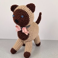 Handmade Crochet Cat Plush 10" Brown with Rhinestone Collar Stuffed Animal VTG