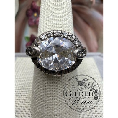 RP Sterling Silver Glass Halo Cocktail Ring Size 9 Oxidized Statement 8.16g