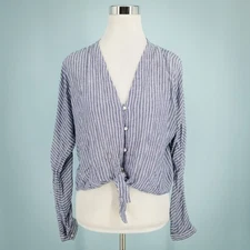Rails Size Medium M Blue Sloane Terrenas Stripe Print Tie Button Tie Linen Top