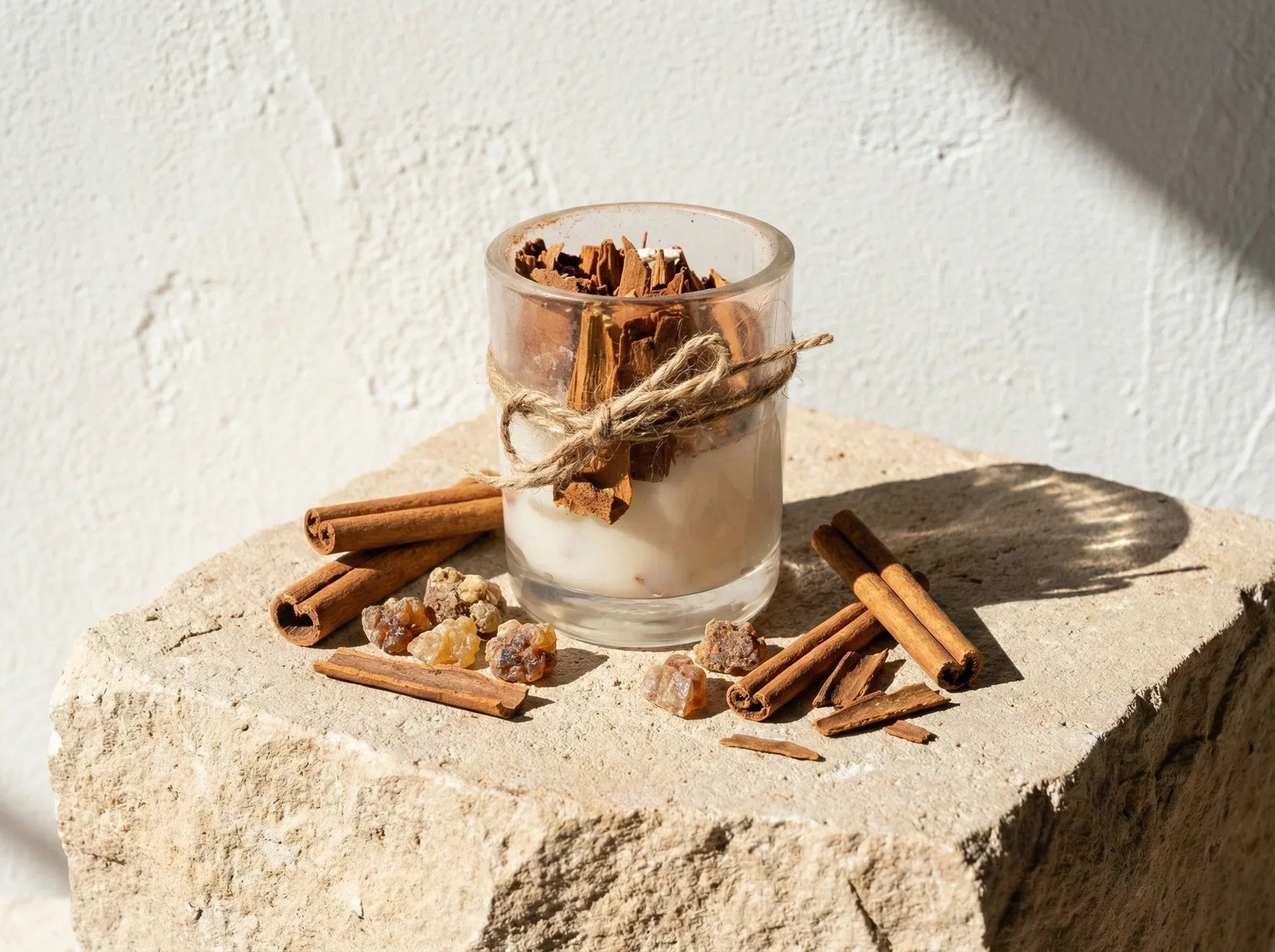 Bougie cannelle et myrrhe coulée main dans un verre ambré chic