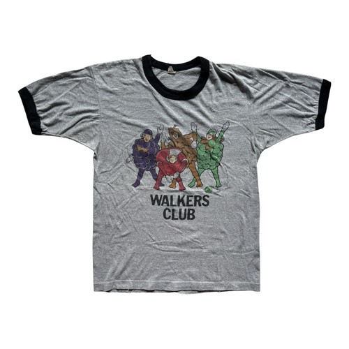 Vintage 1986 Fruit of the Loom Gray Ringer T-Shirt Walker’s Club Exercise Sz L