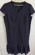 Talbots Plus Navy Eyelet Shift Dress Short Sleeve Side Zipper Lined Ruffle 20W
