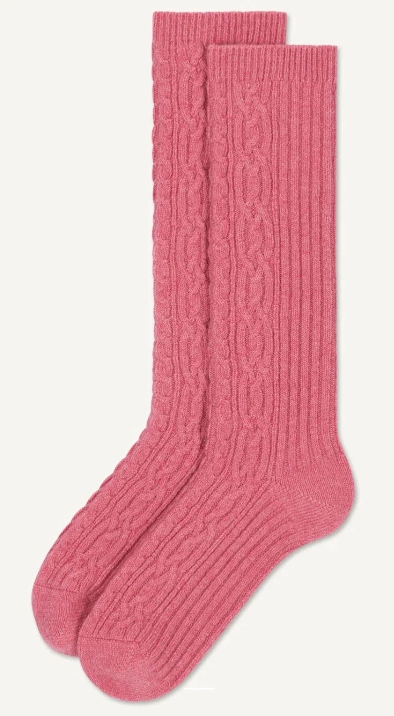 NWT Eric Bompard 40 Ans Collection 95% Cashmere Rose Pink Cable Knit Socks