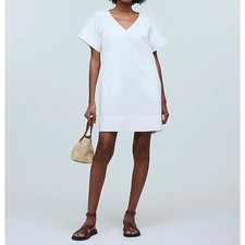 Madewell V Neck Mini Shirtdress Poplin Cotton White Pockets Relaxed Shift M NWT
