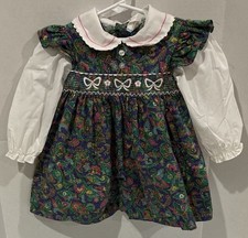 Vintage Toddler Girls 3T Paisley Smocked Dress Peter Pan Collar Tie Back