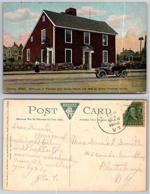 1908 Quincy MA John Quincy Adams Birthplace Auto Postcard