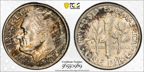 1961 PCGS MS66 Rosevelt Silver Dime 10c - Album Toned
