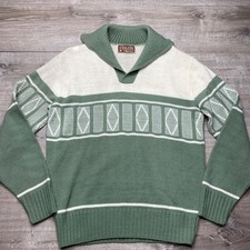 Claude Brentwood Sweater Men M Green Cream Geometric Knit Shawl Vintage USA Made