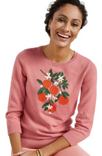 New Talbots Bold Oranges Embroidered Crewneck Cotton Blend Pullover Sweater LP