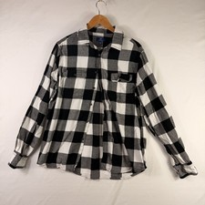 George Casual Button Down Mens Large Black White Plaid Rugged Flannel Shirt