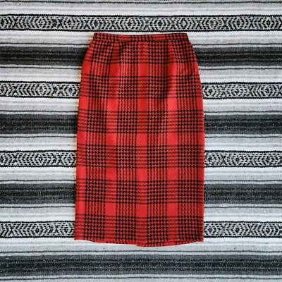 Vtg Requirements Sz S Below Knee Midi Wool Blend Straight Skirt Red Glen Plaid