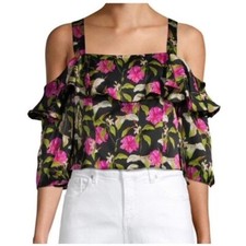 Milly Audrey Floral Printed Ruffled Crop Top Cold Shoulder Calla Lily Sleeve 0