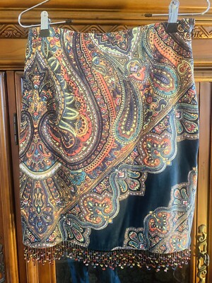Paisley Cotton Knit Blend Skirt Beaded Fringe Linda Sapal Boston Proper Size 4