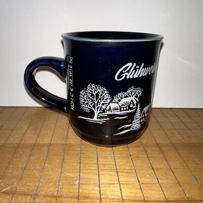 Gluhwein Coffee Cup Mug Van Well Wellco Design Germany Cobalt Blue Winter Scene 