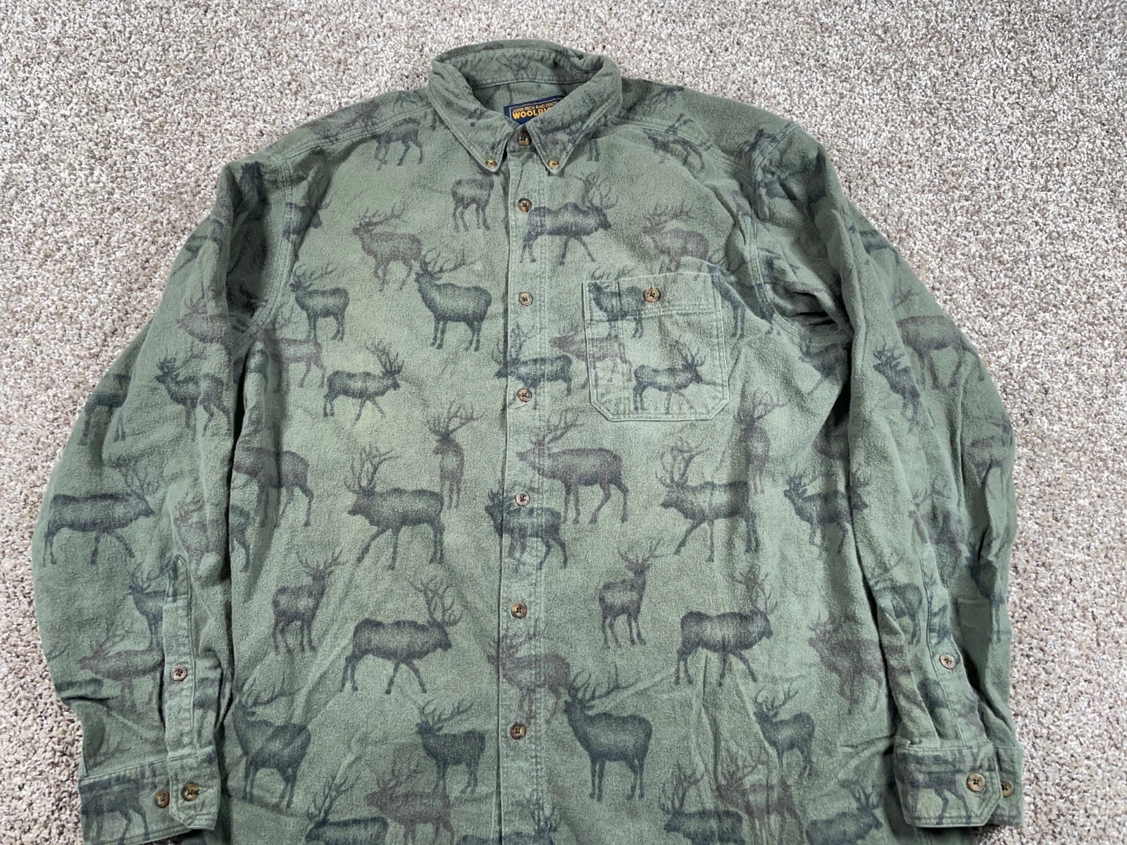 Woolrich Deer Print Flannel Shirt Adult 2XL Green Chamois Outdoor Scenic Nature