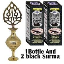2 BLACK SURMA VINTAGE ISLAMIC ARABIC KOHL STICK BRASS BOTTLE JAR EYELINER WITH