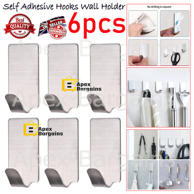 6 Stück Selbstklebende Wand Klebehaken Stark Edelstahl Türhaken Halter Neu