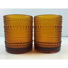 Fortessa Jupiter Amber Beaded Hobnail Glass 10 oz Old Fashioned Embossed Set / 2