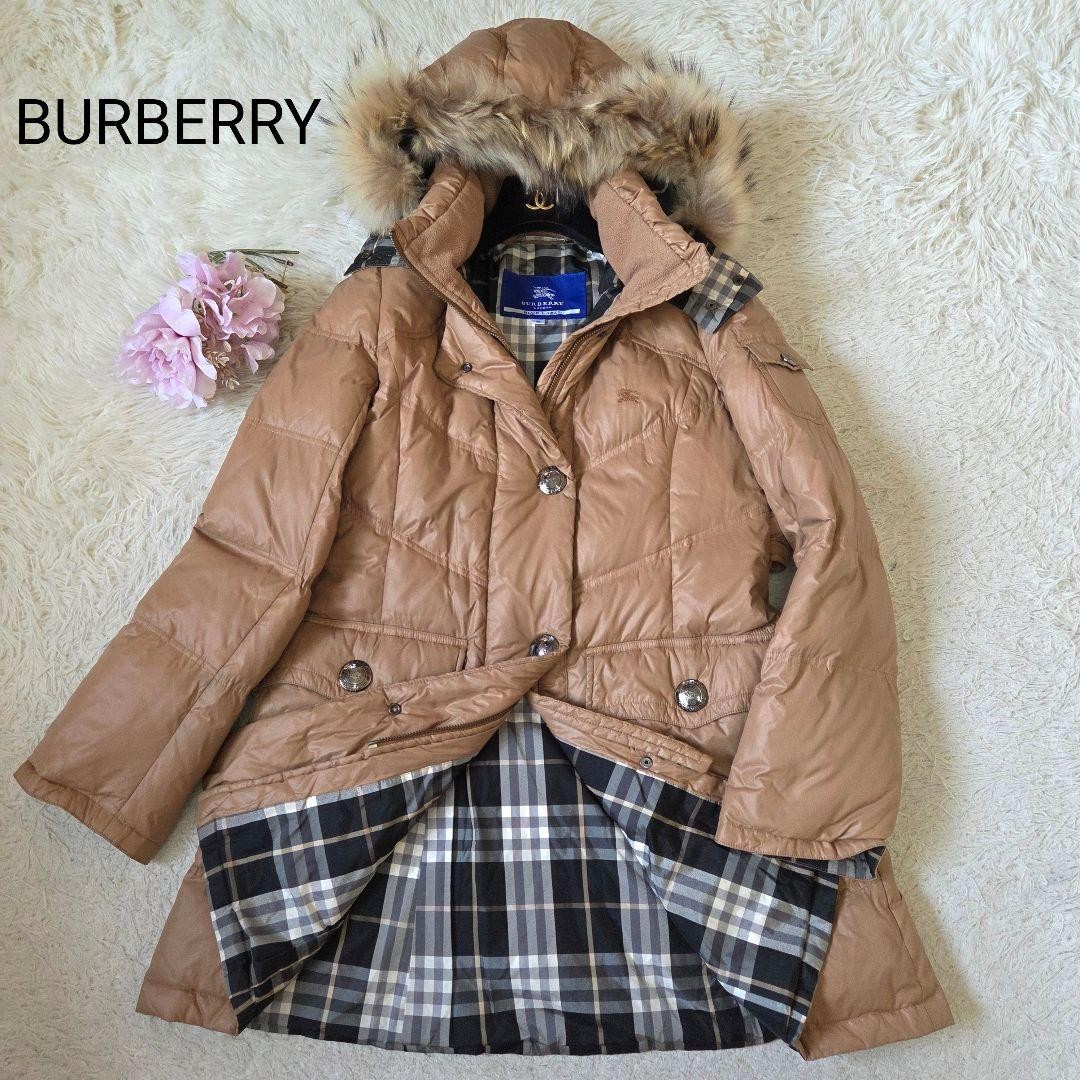Burberry Down Coat Raccoon Fur Nova Check Brown Size M