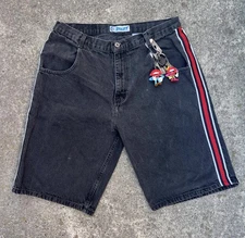 Black JNCO/Utility 2000s Jorts with Jersey Material Red and White Side Stripe