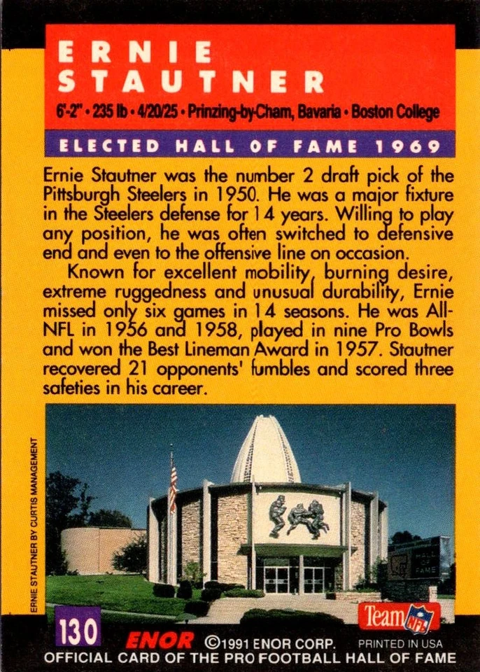1991 Enor Pro Football HOF #130 Ernie Stautner - Image 2 of 2