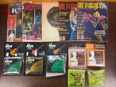 Lot Of Vintage Rock Scene/Hit Parade Guitar Magazines+Strings Earnie Ball Gibson