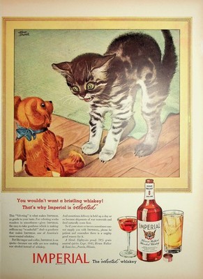 Original 1943 Vintage Print Ad: Cat trying to Scared Doll #Imperial Whiskey