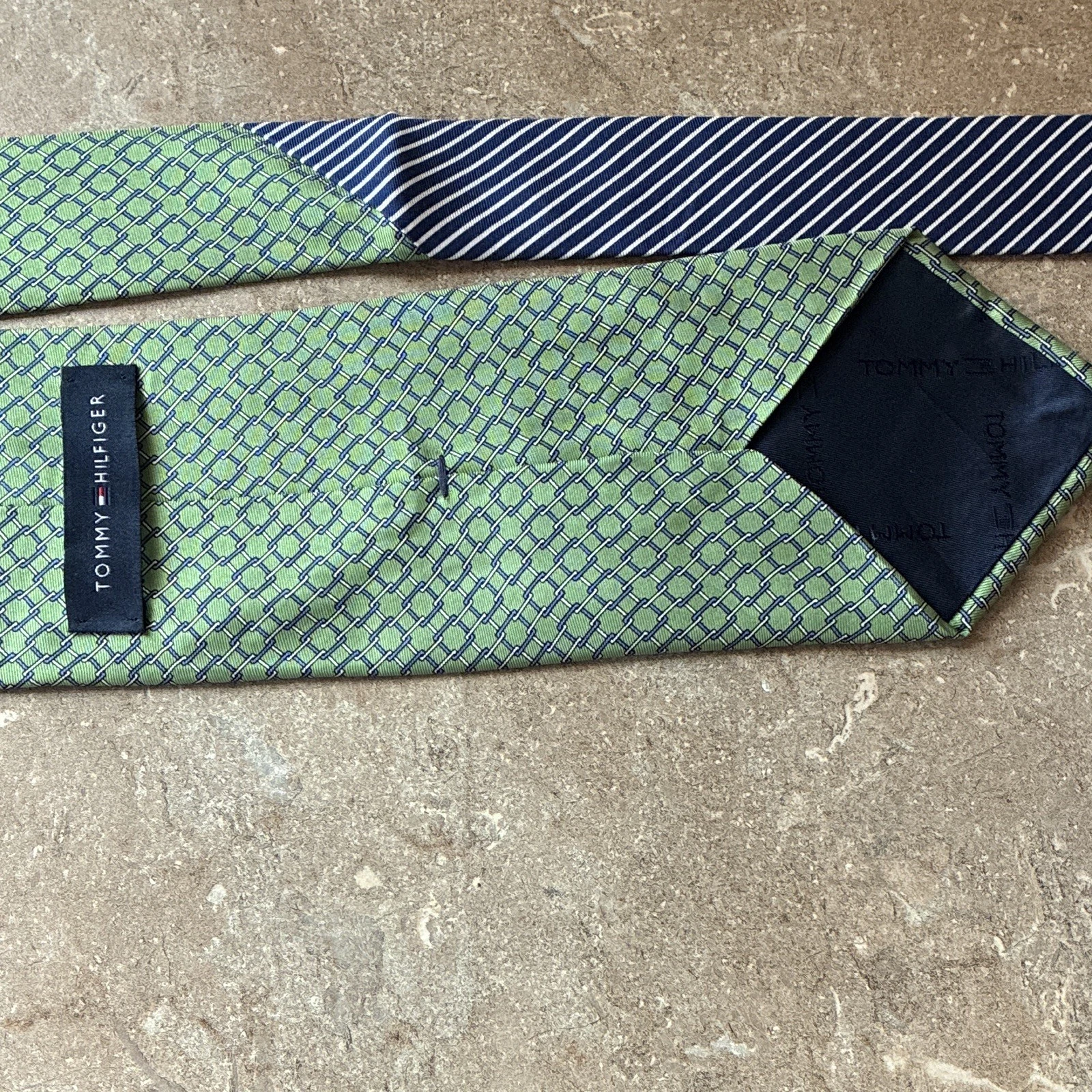 Tommy Hilfiger Lot of 2 Men's Silk Self-Tie Green/Blue Geometric Logo image 6