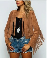 Women's Suede Jacket Ladies Hippie Tassels Long Sleeves Fringed Coats Outerwear