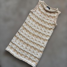 CHANEL Dress Size 34 Sleeveless Mini Tweed Beige White Pink 83cm Length