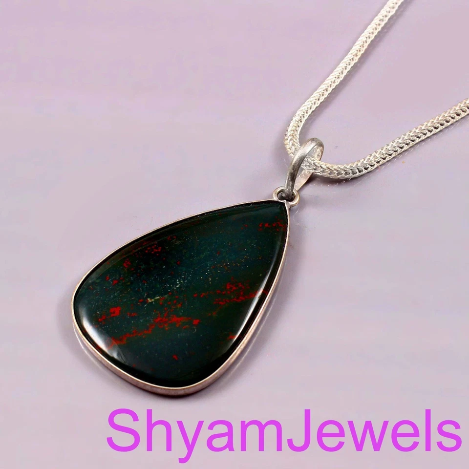 Argento Sterling Naturale Cubico Ematite Gemma Lunetta Ciondolo con Catenina - Immagine 2 di 4