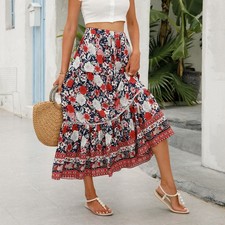 Ladies Elastic Waist Holiday Floral Gypsy Long Skirts Dress Summer Beach Skirt A