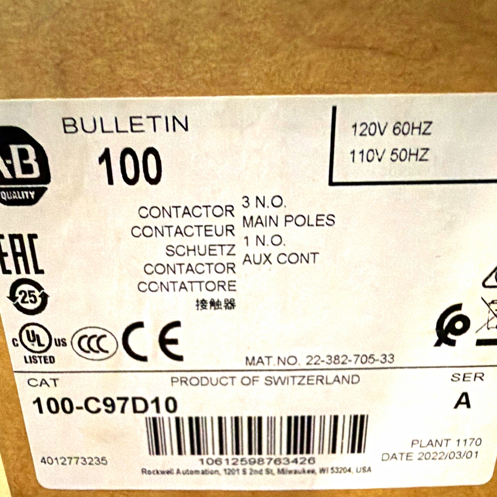 Allen-Bradley Bulletin 100 100-C97D10 Definite Purpose Contactor 3P 120V 97A