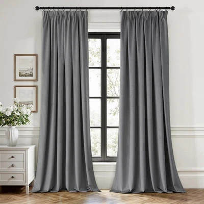 Rideau Velours Gris Occultant Thermique Cordon 2x140x245cm Rideaux - Photo 1/4