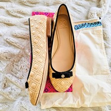 Tory Burch Marion Quilted Ballet Flat in Light Oak Leather Size 8 - Pre-owned