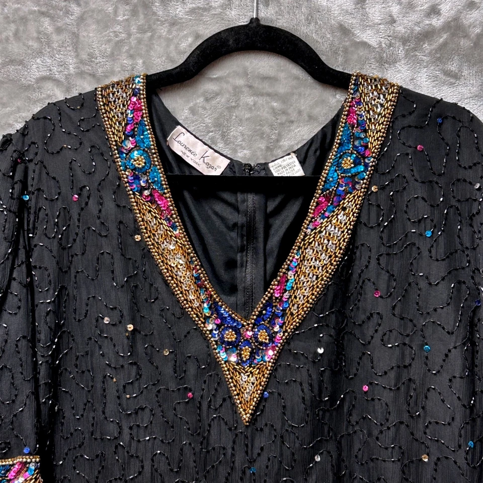 Blusa Top Laurence Kazar Negra Cuentas Lentejuelas Cuello en V Seda 1X Formal Cóctel Fiesta Foto 2 de 4