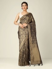 Black Tissue Satin Silk Saree with Gold Woven Floral Paisley Design